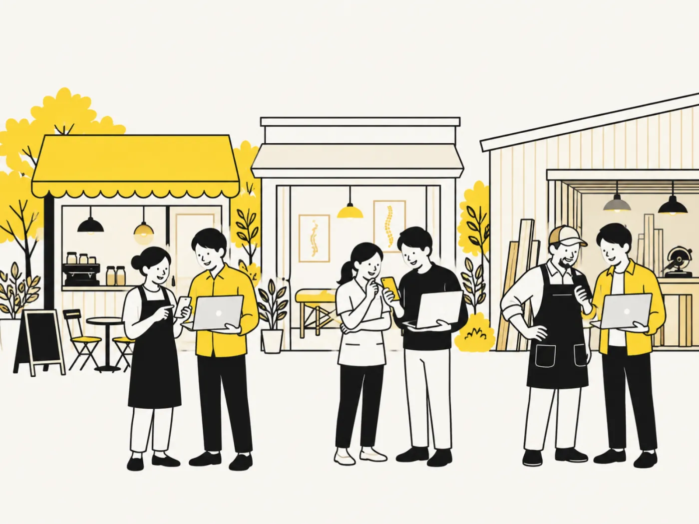 地域のお店の前で、店主とWeb担当者がスマホとノートPCを見ながら相談するイラスト