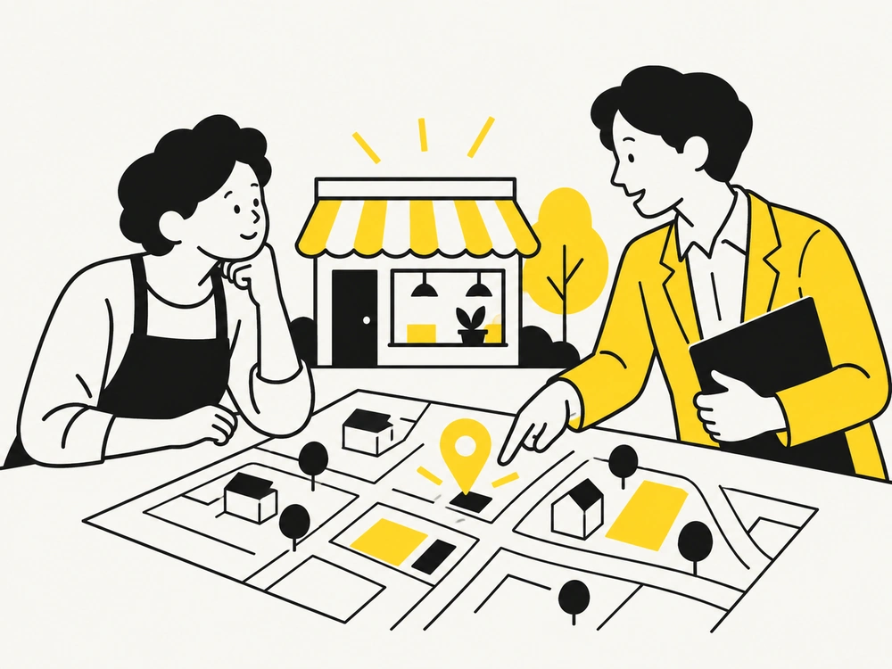 地域のお店と商圏を確認するイラスト